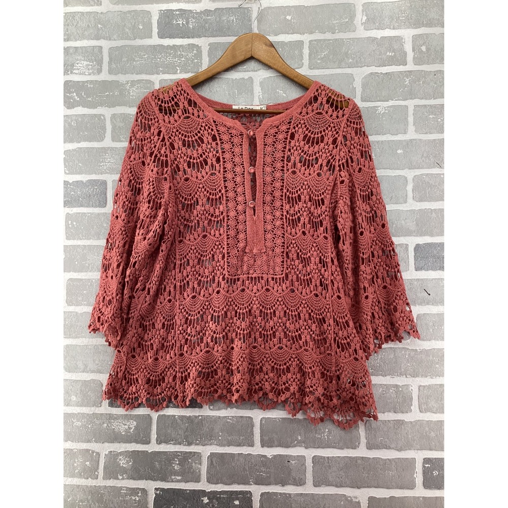 Le Dor Women Pink Crochet Knit Top 100% Cotton  3/4 Sleeve Boho Scalloped M
